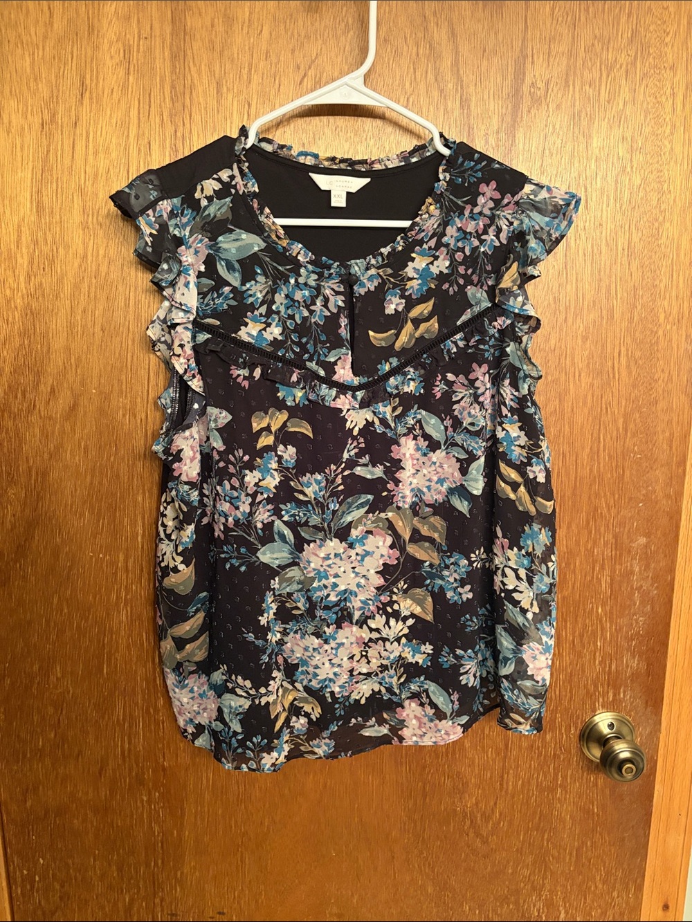 LC Lauren Conrad Black Floral Ruffle Sleeve Blouse with Blue & Pink Accents